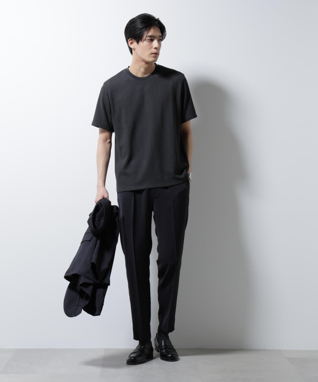 ｢Damerino｣ヘリンボンクルーネックTシャツ/防シワ・吸水速乾・UVカット