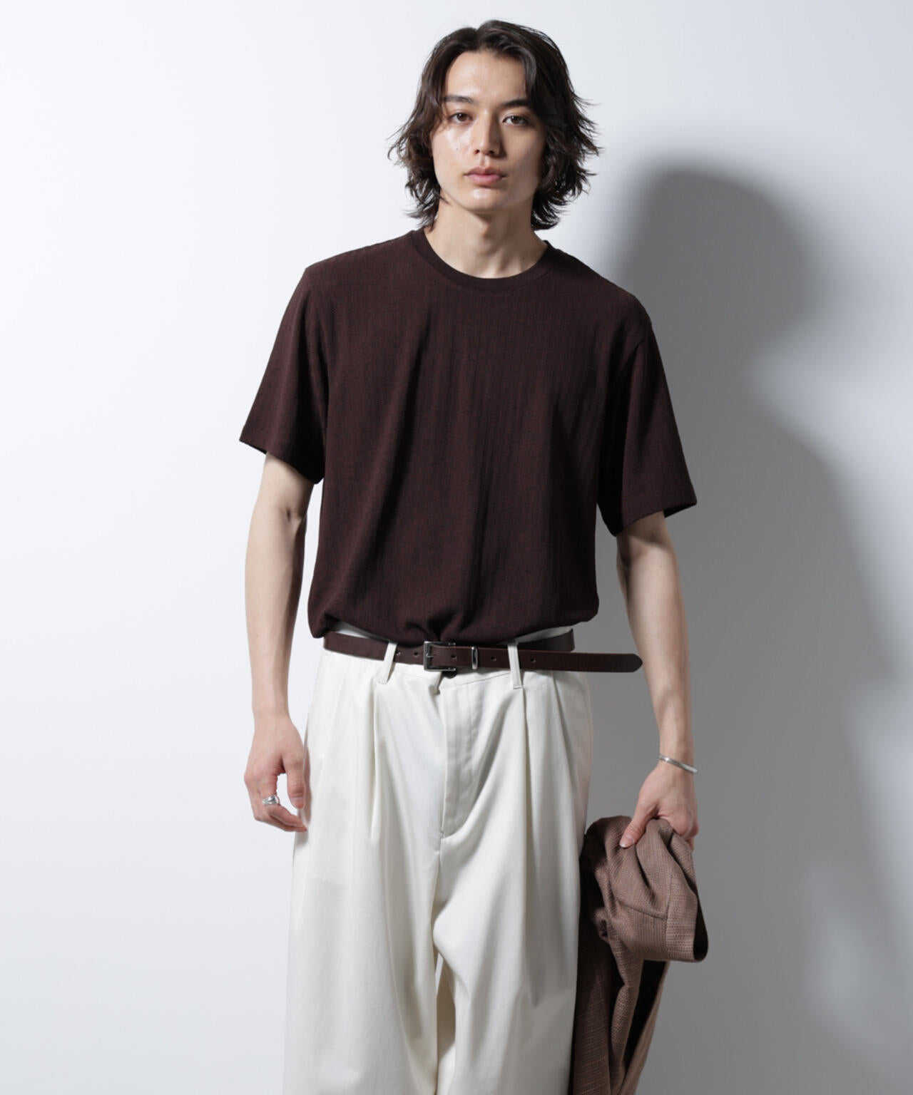｢Damerino｣ヘリンボンクルーネックTシャツ/防シワ・吸水速乾・UVカット