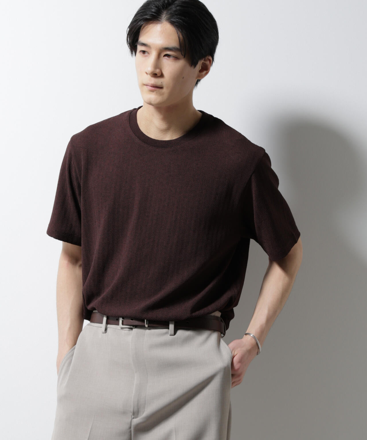 ｢Damerino｣ヘリンボンクルーネックTシャツ/防シワ・吸水速乾・UVカット