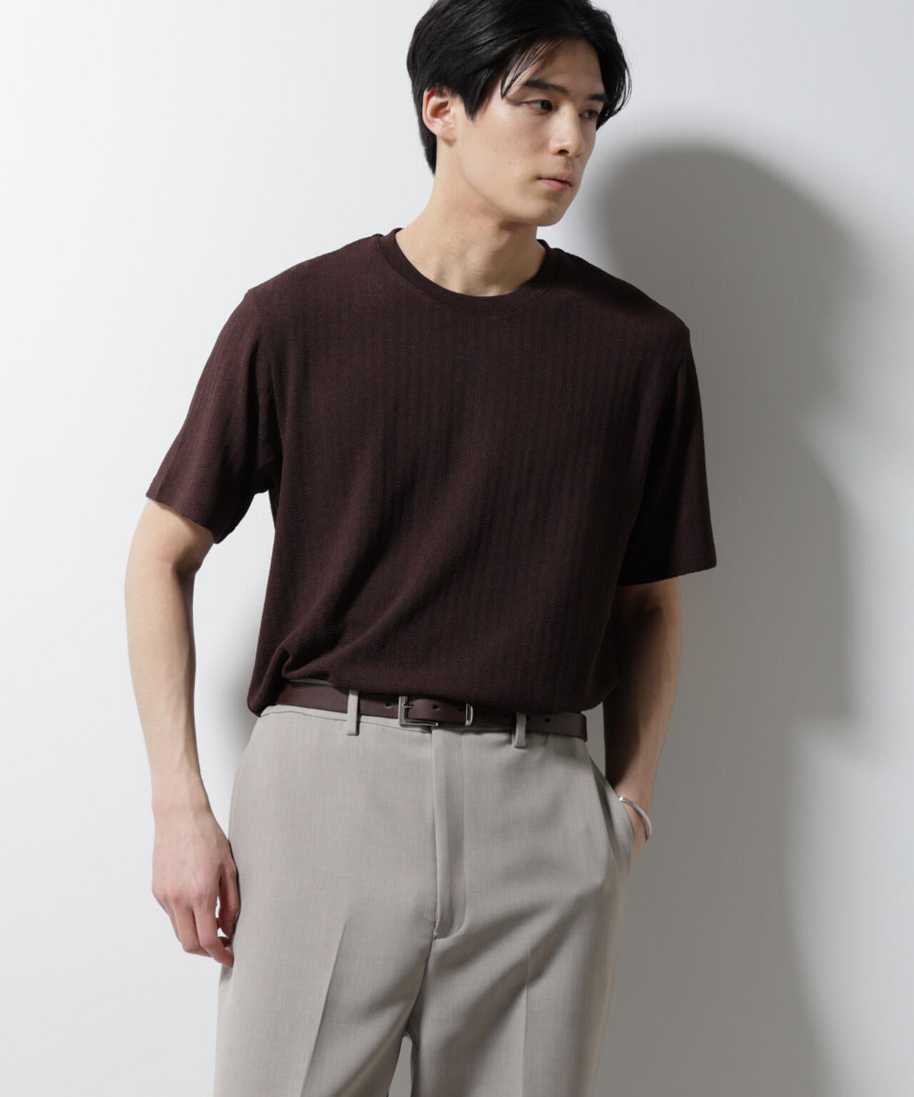 ｢Damerino｣ヘリンボンクルーネックTシャツ/防シワ・吸水速乾・UVカット