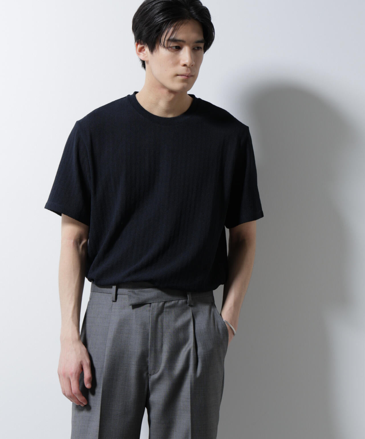 ｢Damerino｣ヘリンボンクルーネックTシャツ/防シワ・吸水速乾・UVカット