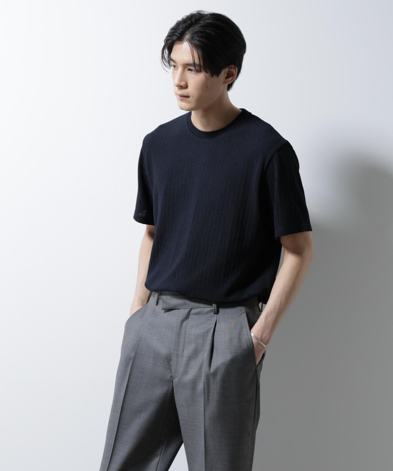 ｢Damerino｣ヘリンボンクルーネックTシャツ/防シワ・吸水速乾・UVカット