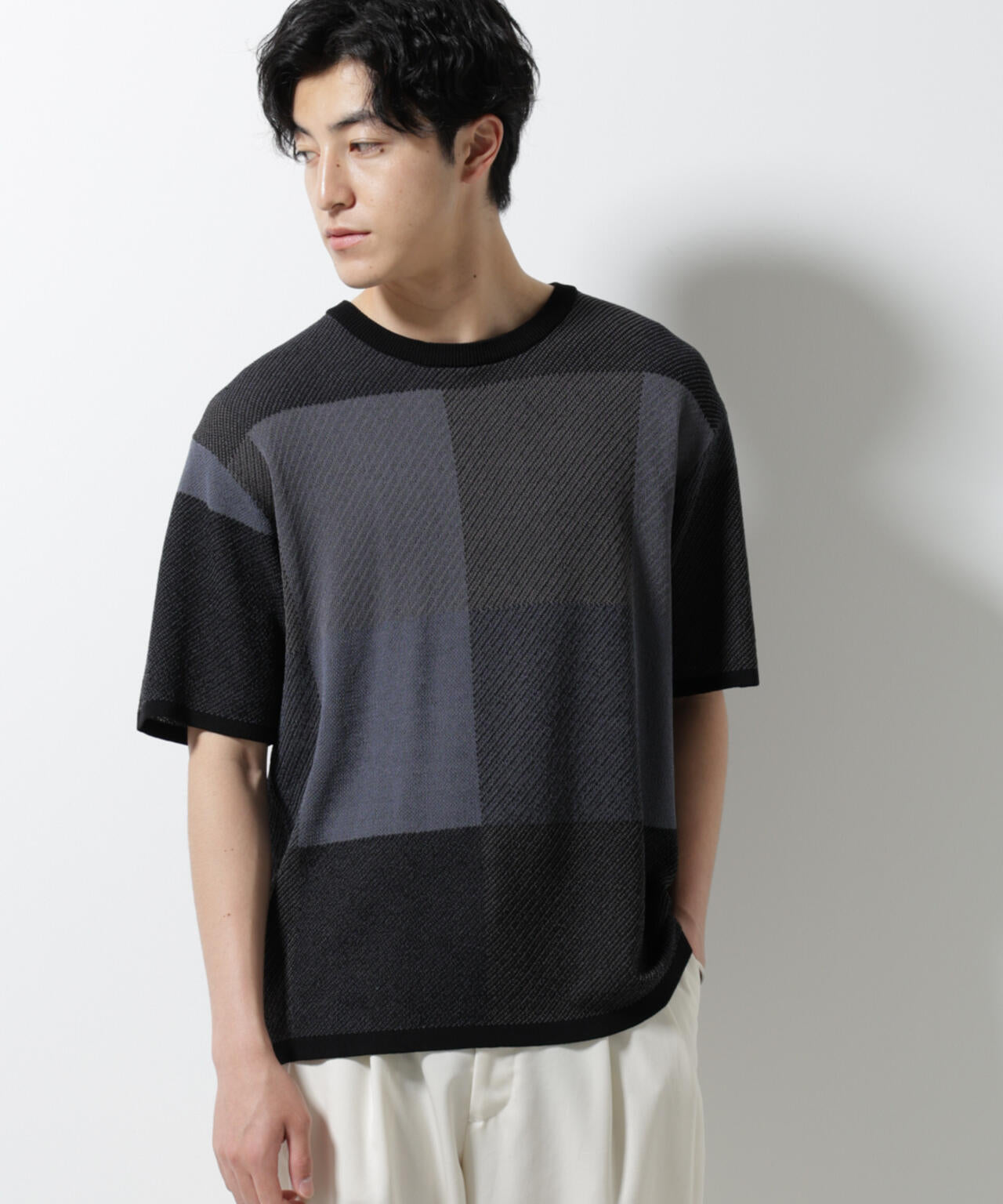 ブロックチェックニットTシャツ 半袖