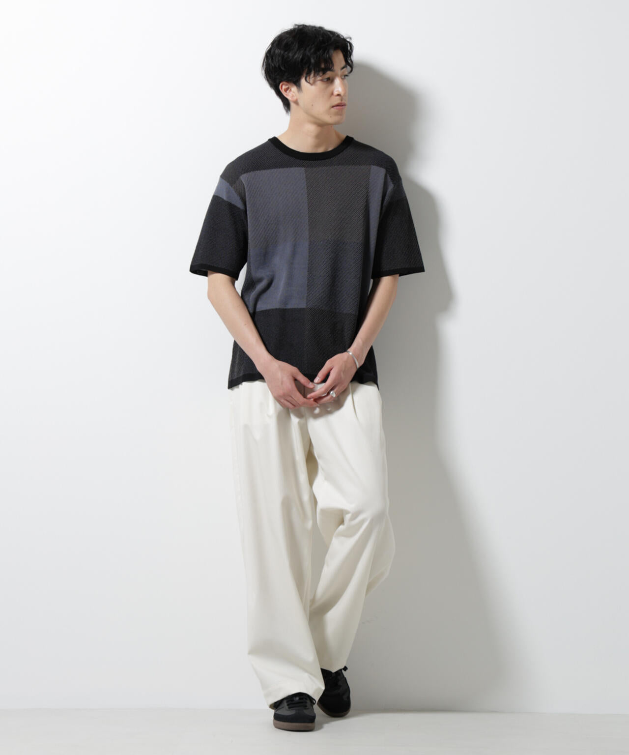 ブロックチェックニットTシャツ 半袖