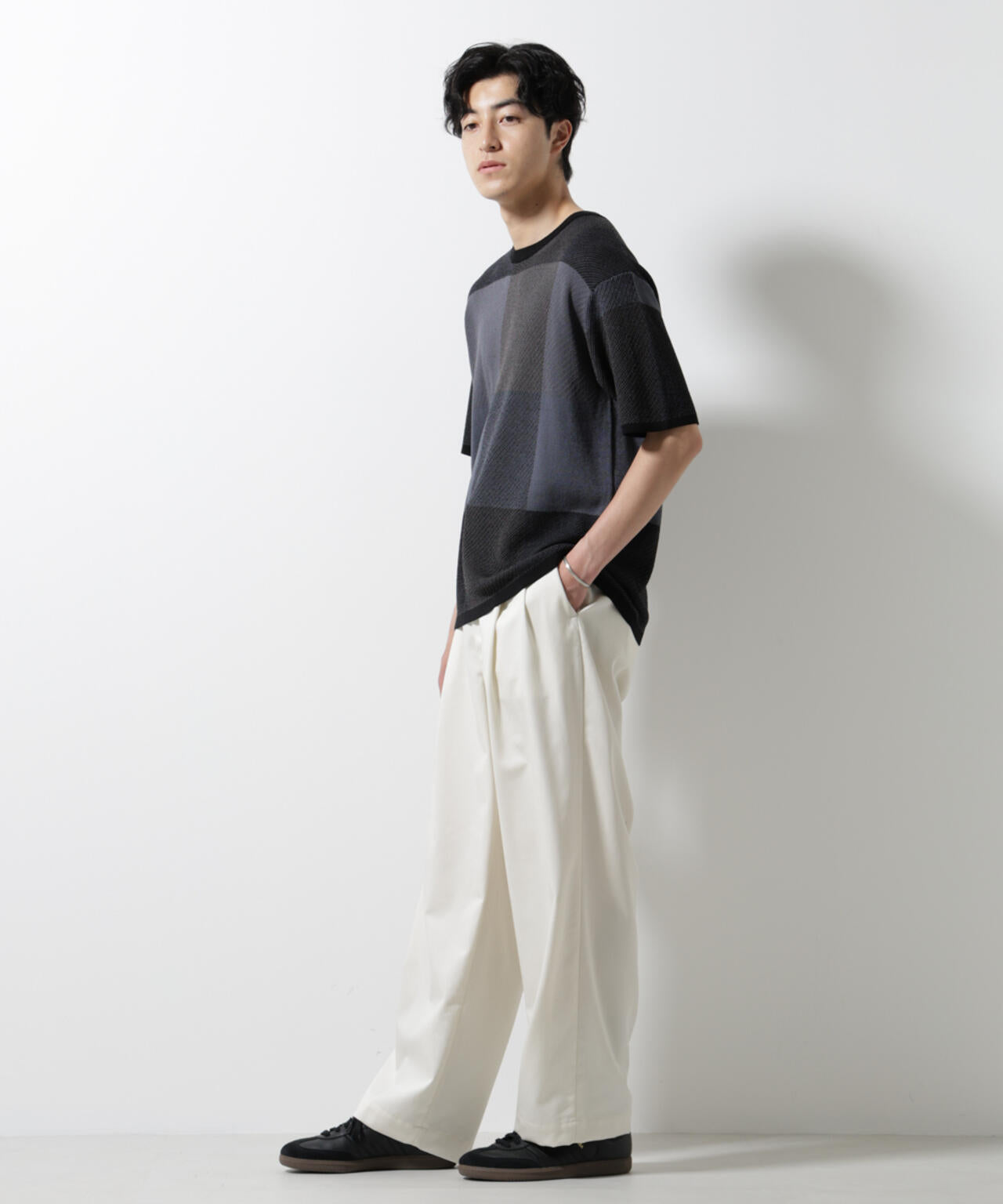 ブロックチェックニットTシャツ 半袖