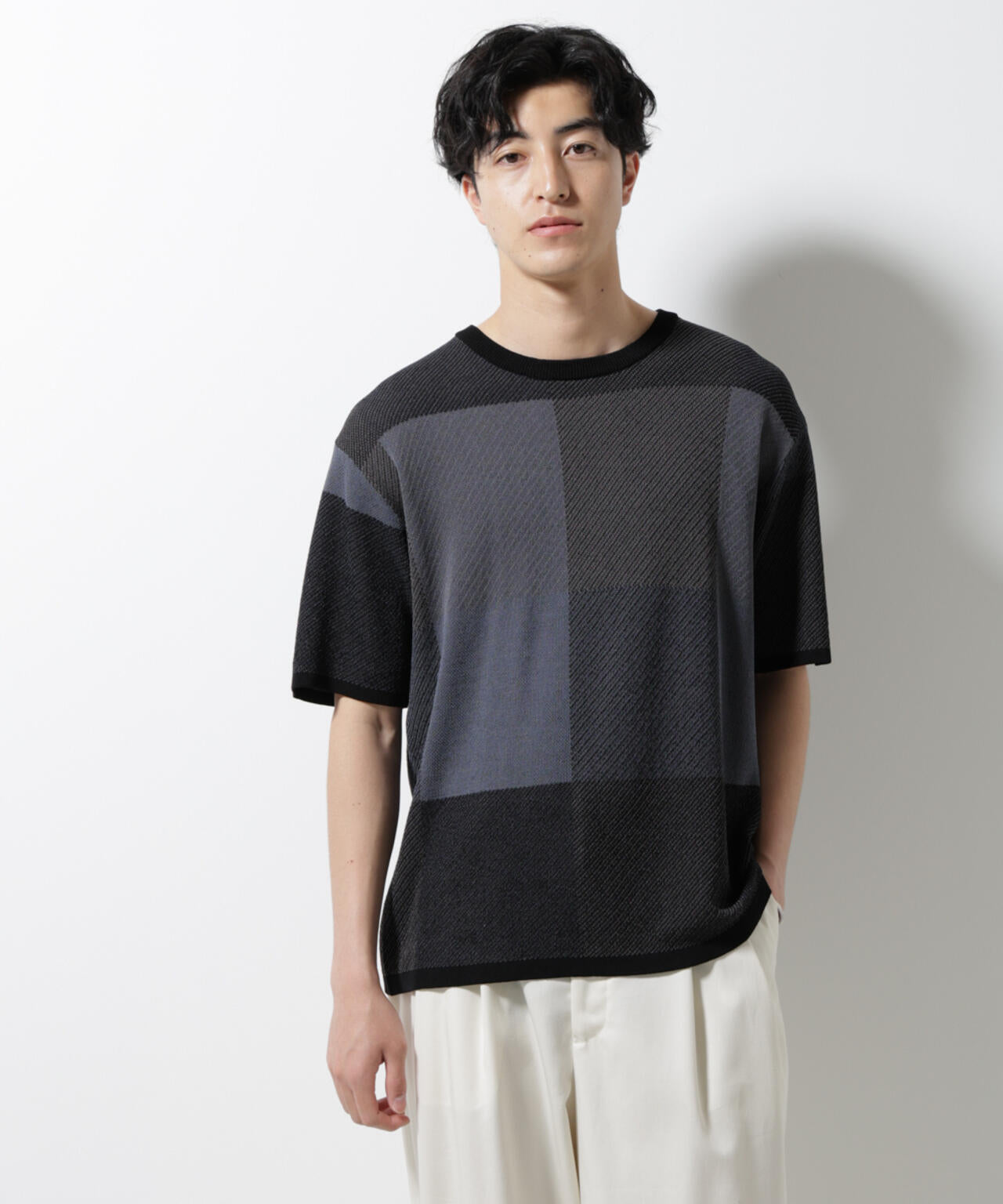 ブロックチェックニットTシャツ 半袖