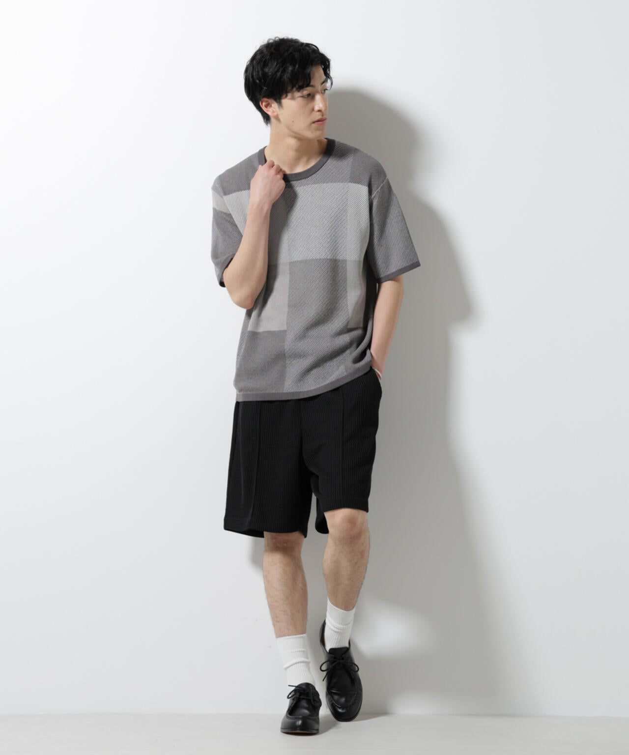 ブロックチェックニットTシャツ 半袖
