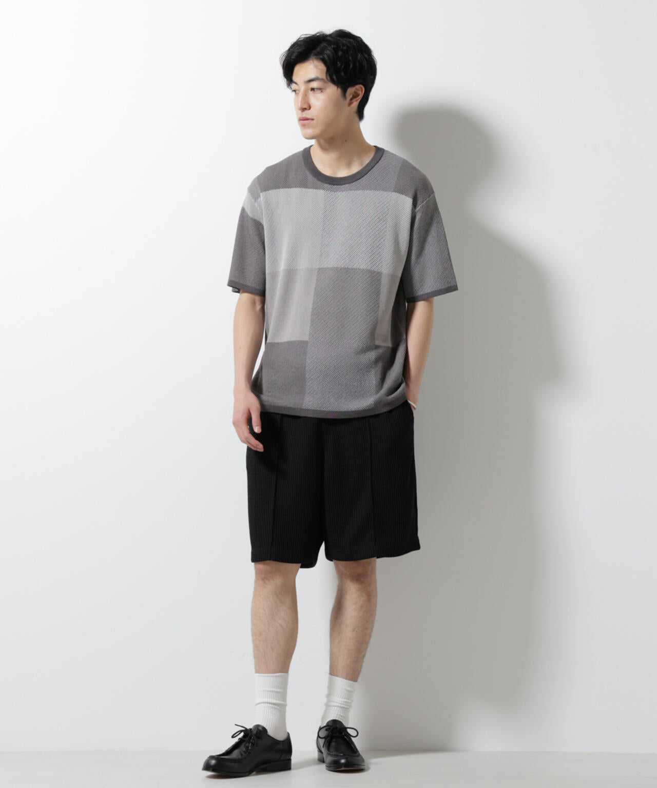 ブロックチェックニットTシャツ 半袖