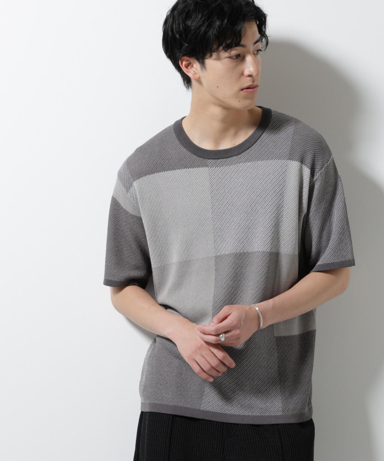 ブロックチェックニットTシャツ 半袖
