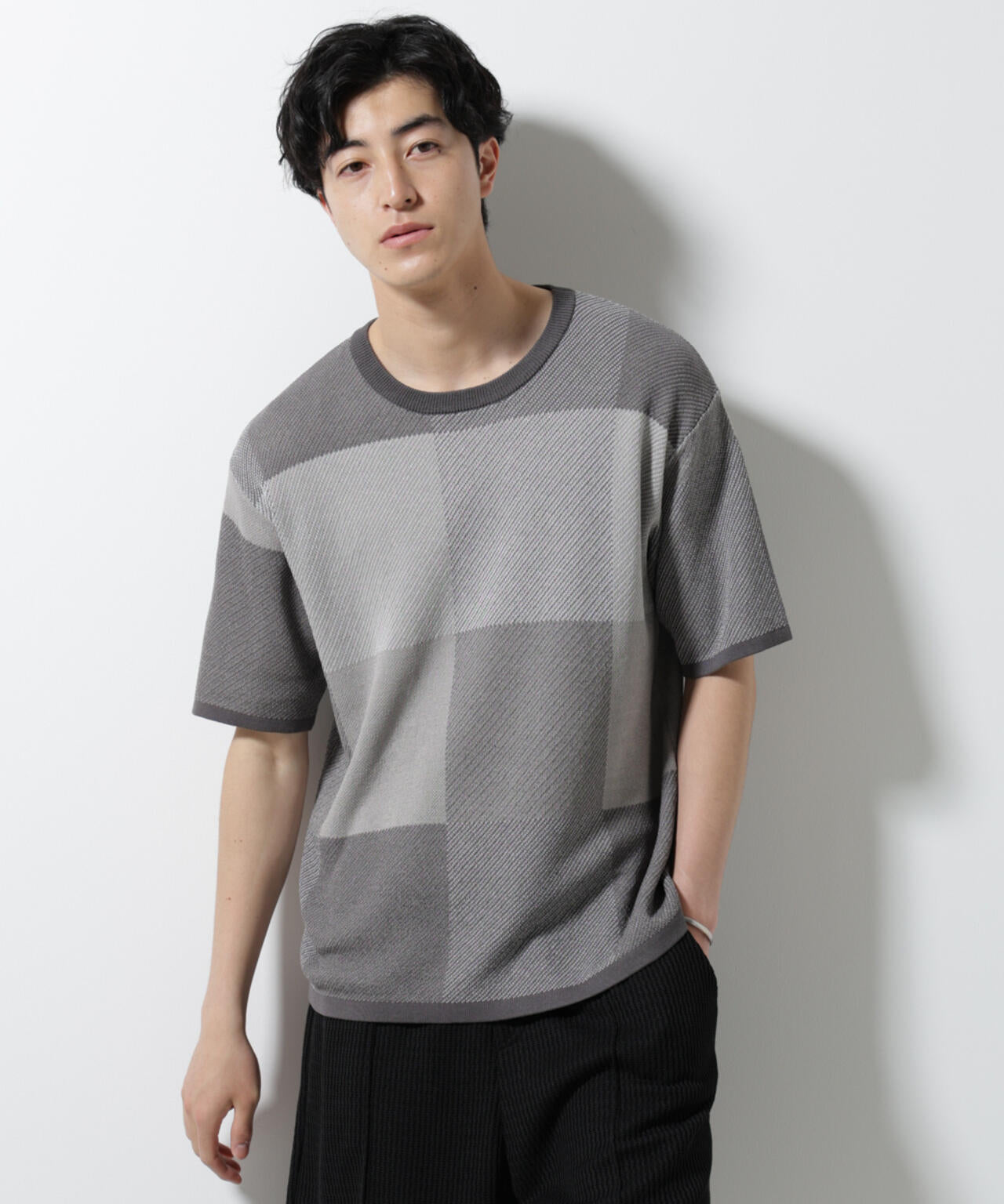 ブロックチェックニットTシャツ 半袖