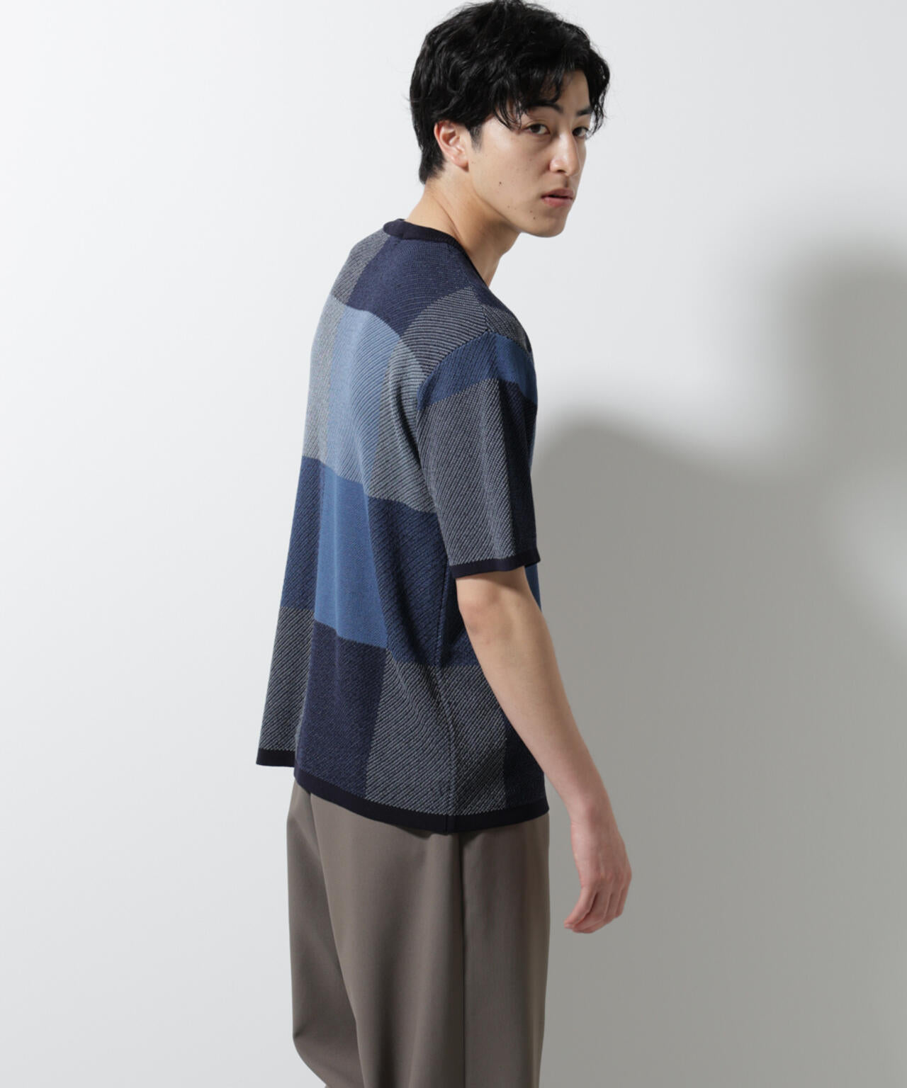 ブロックチェックニットTシャツ 半袖
