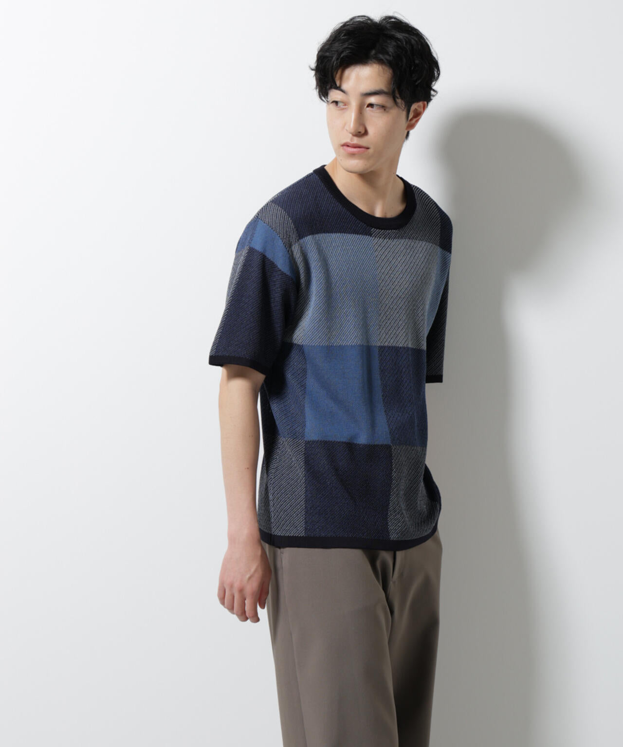 ブロックチェックニットTシャツ 半袖