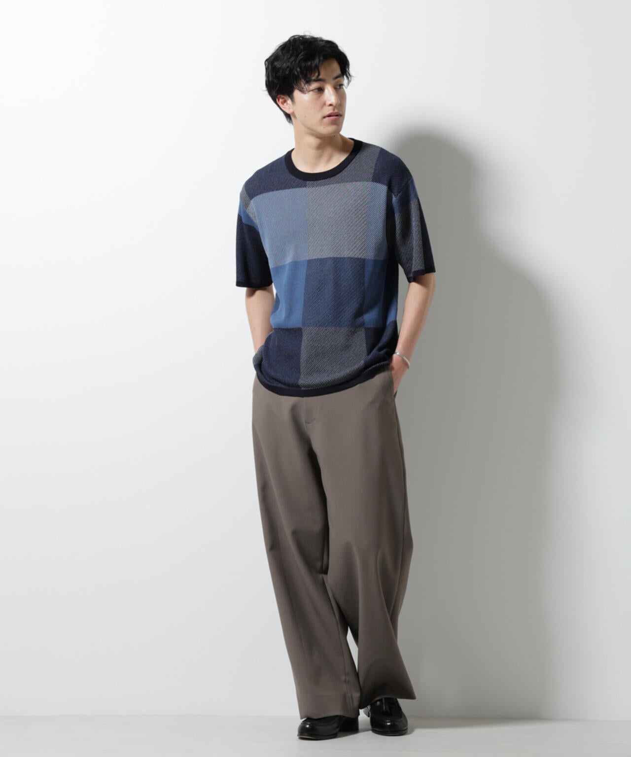 ブロックチェックニットTシャツ 半袖