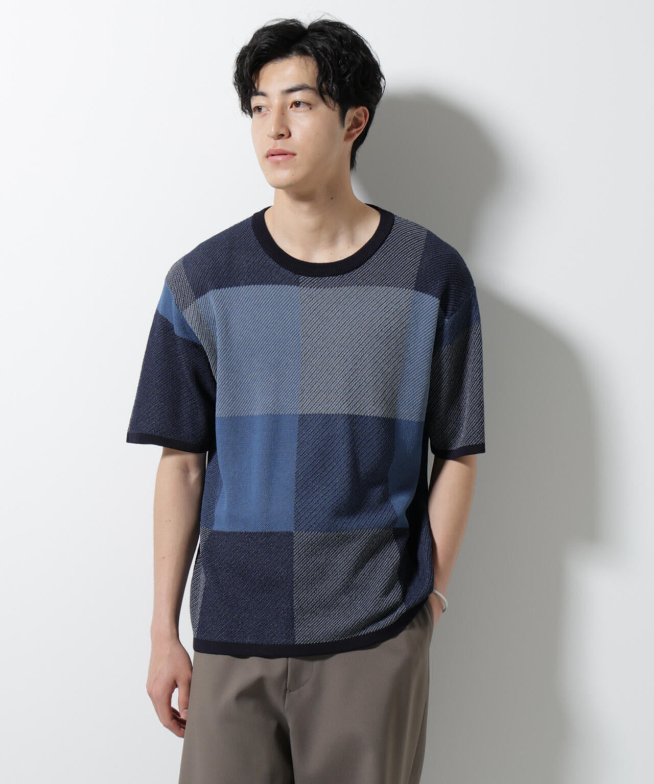 ブロックチェックニットTシャツ 半袖
