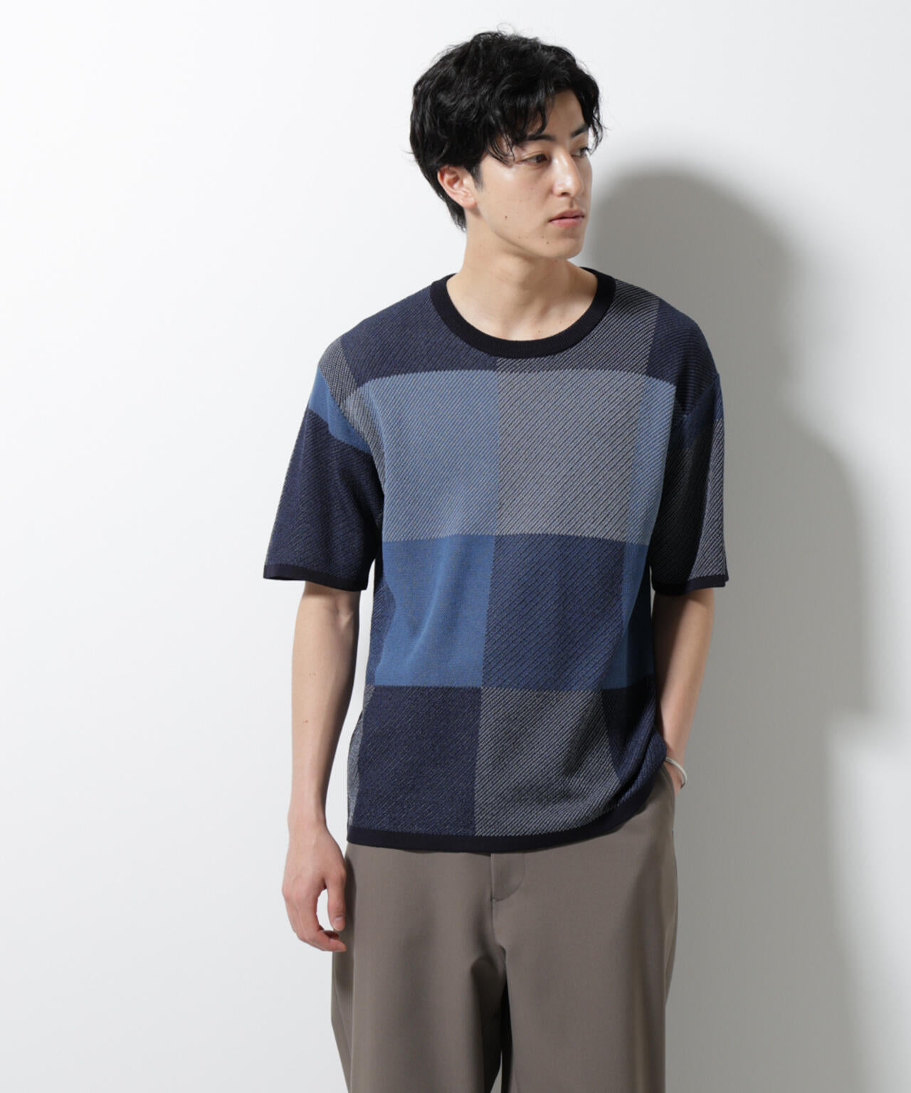 ブロックチェックニットTシャツ 半袖