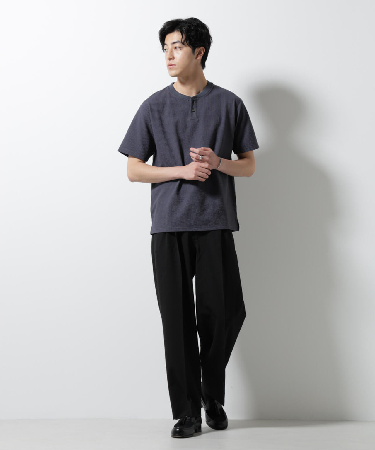 ジャージーサッカーヘンリーネックTシャツ 半袖