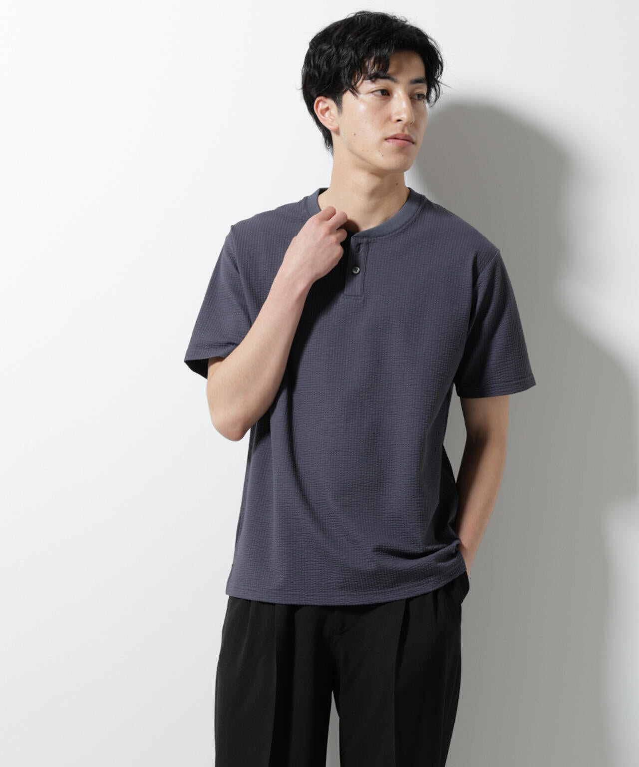 ジャージーサッカーヘンリーネックTシャツ 半袖
