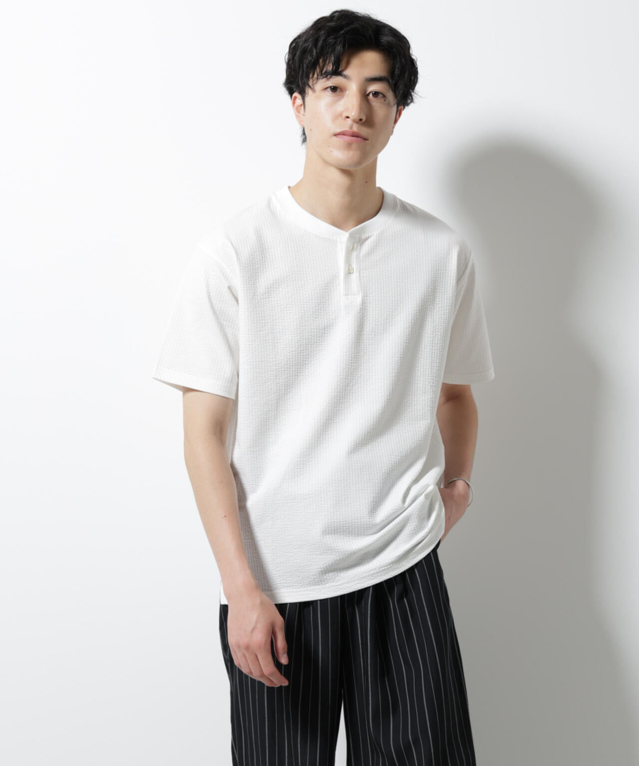 ジャージーサッカーヘンリーネックTシャツ 半袖