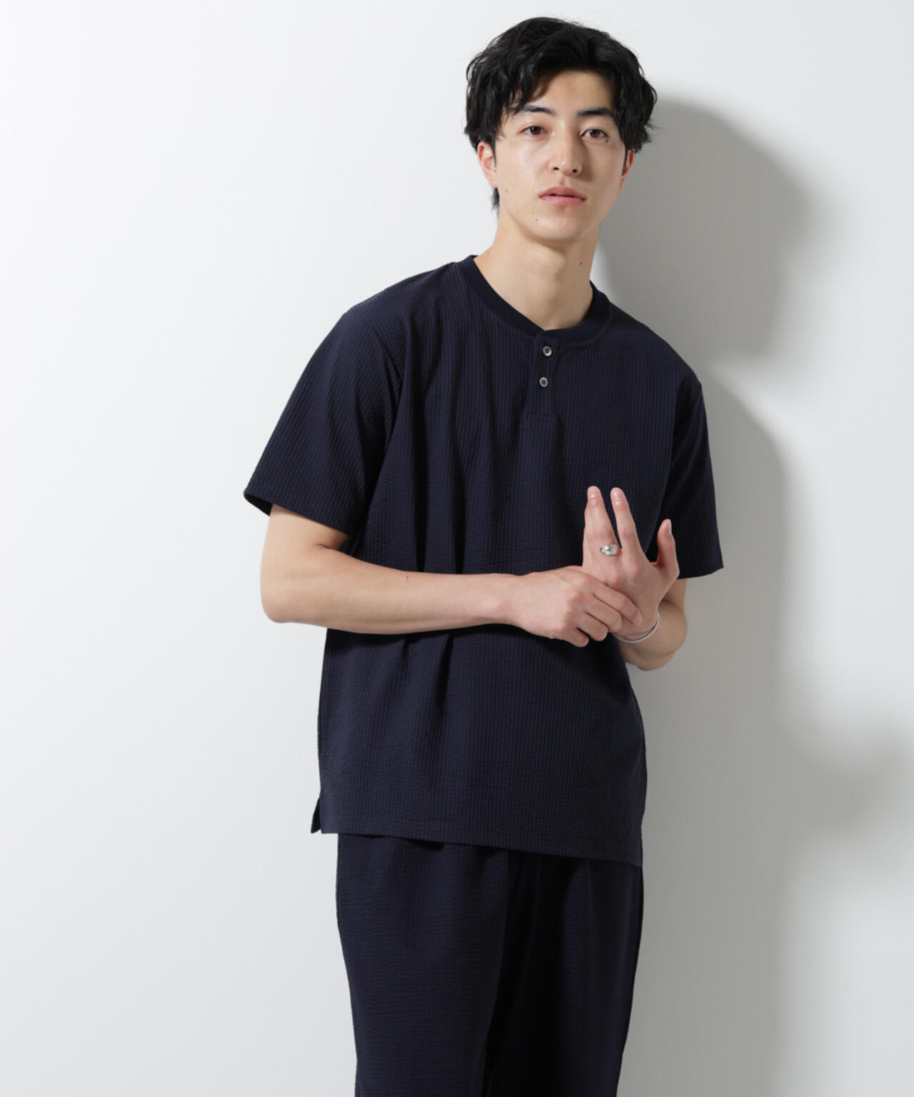 ジャージーサッカーヘンリーネックTシャツ 半袖